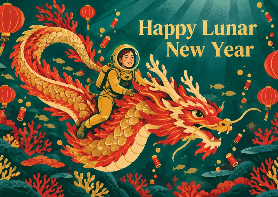 A bold Lunar New Year card for anyone who loves an epic surprise, featuring a diver riding a glowing coral dragon through a lantern-lit reef.