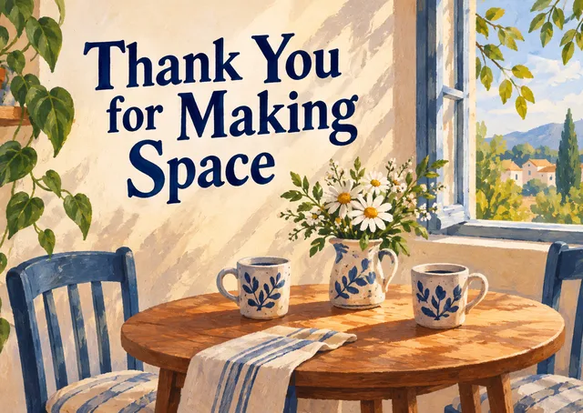 A tender and appreciative thank you card for a friend who has offered their time or support. Perfect for showing gratitude for someone who made room for you when it mattered most.