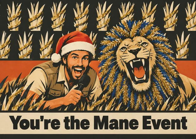 A bold, funny Christmas card for a partner, starring a tinsel safari host and a roaring lion mid-pun.