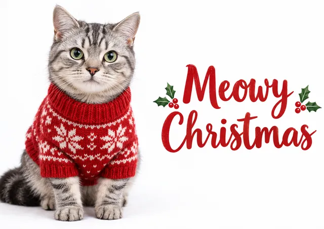 A festive Christmas card for cat lovers, featuring a silver tabby in a red knitted jumper. Playful and warm, it suits a friend, relative or fellow pet owner.