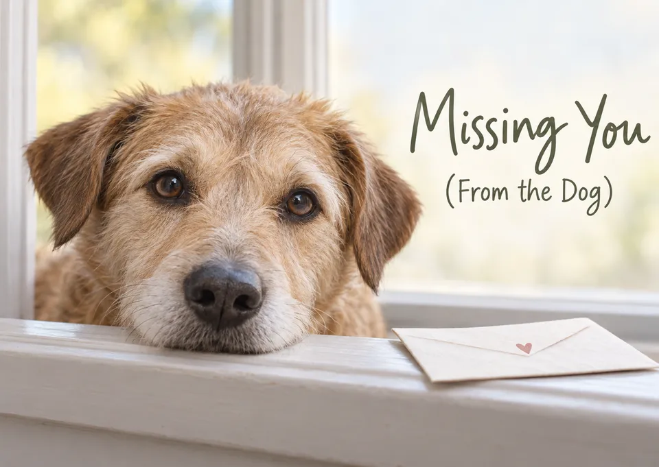 A thinking-of-you card for someone far away, from a faithful pet who waits at the window. Send it when you miss a friend or family member and want them to feel your warmth.