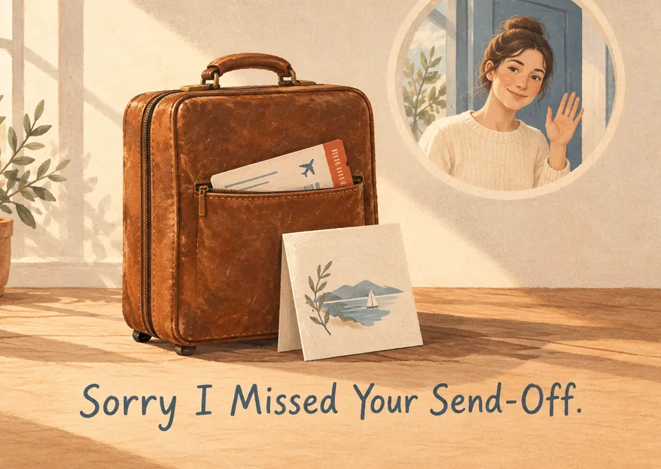 A heartfelt apology card for a friend or loved one who left on a trip before you got to say goodbye, with a gentle, sincere feel.