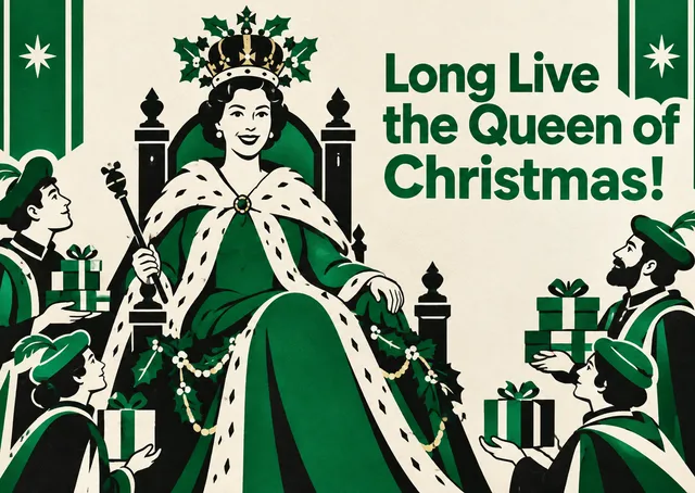 An epic Christmas card for Mom, celebrating her as the queen of the season with regal imagery and a grand, celebratory tone.