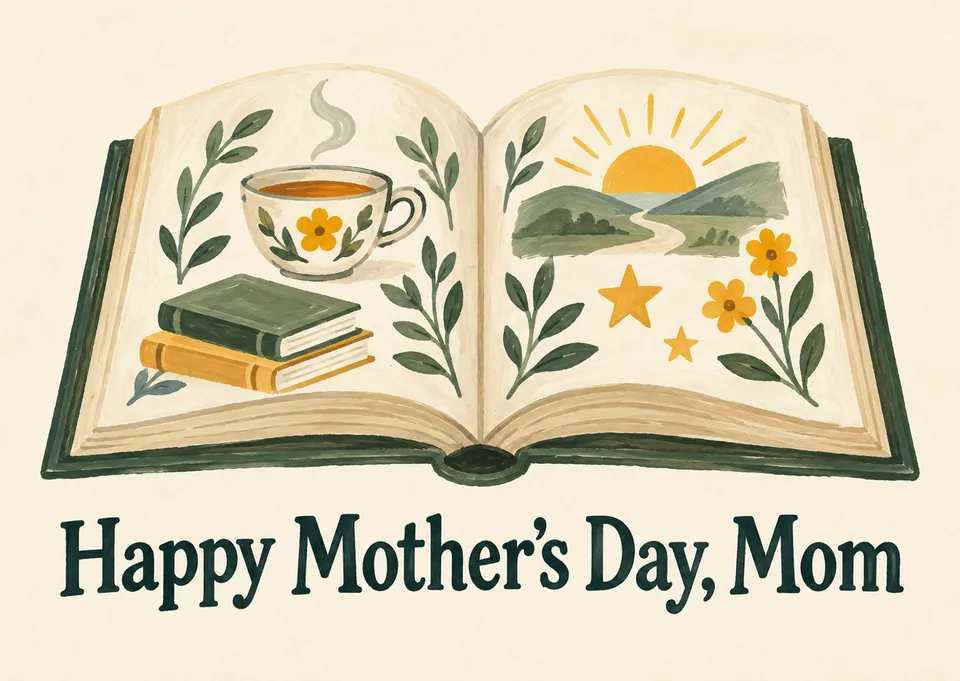 A whimsical Mother's Day card for mom, the storyteller and keeper of family memories, pictured with tea, books, and a sunlit storybook page.