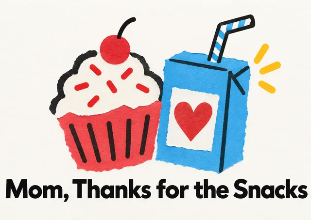 A sweet, silly Mother’s Day card for anyone to send to mom. With simple snack icons and a warm thank-you joke that feels playful and heartfelt.