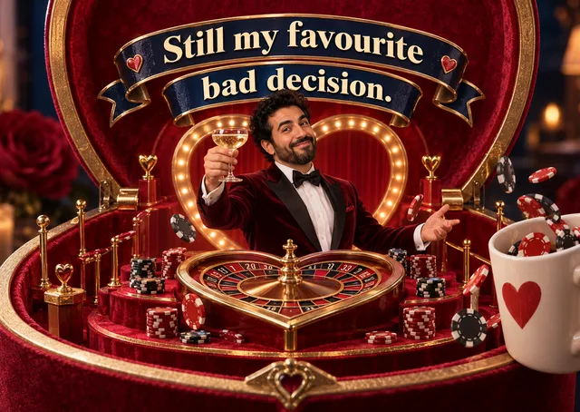 A cheeky anniversary card for a partner who is worth the risk, with a casino joke that keeps the romance alive. It suits a funny, affectionate mood.
