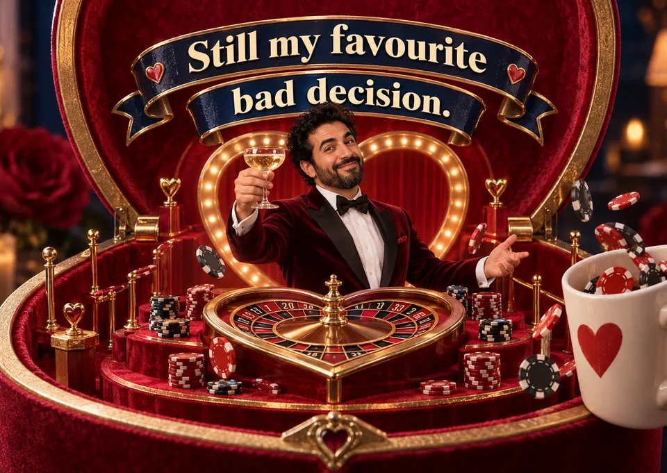 Eine freche Jubiläumskarte für einen Partner, der das Risiko wert ist. Ein Casino-Witz hält die Romantik lebendig – passend für einen liebevollen Gruß mit Humor.