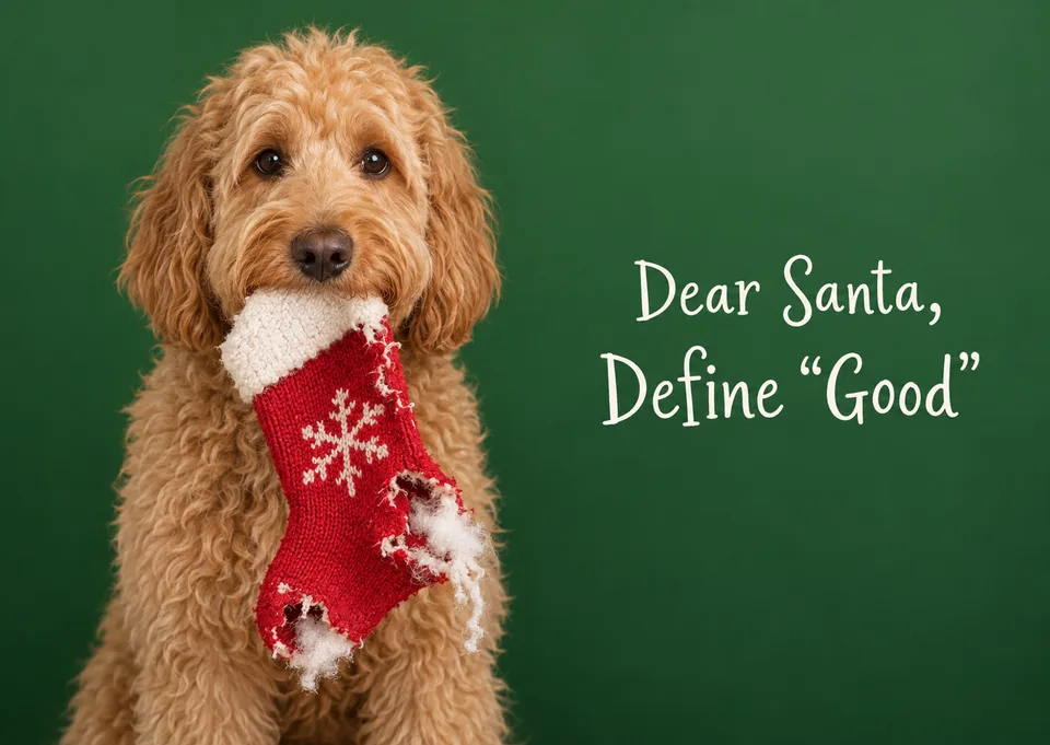 A cheeky naughty dog christmas card for pet lovers and dog owners, with a labradoodle who chewed the stocking and wants to know what good really means.
