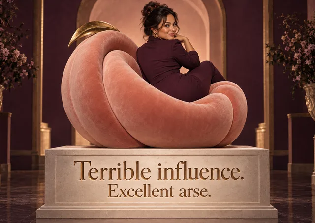 A cheeky love card for a partner who knows exactly how to make an entrance. It is playful, bold and a little bit rude, with a sculpted peach armchair and a wink.