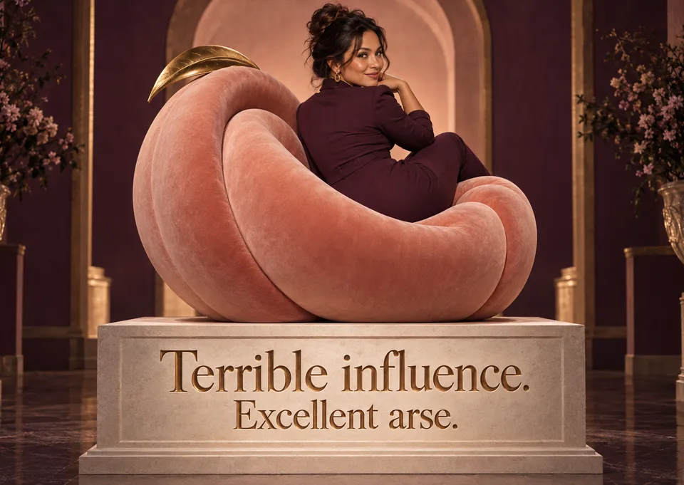 A cheeky love card for a partner who knows exactly how to make an entrance. It is playful, bold and a little bit rude, with a sculpted peach armchair and a wink.