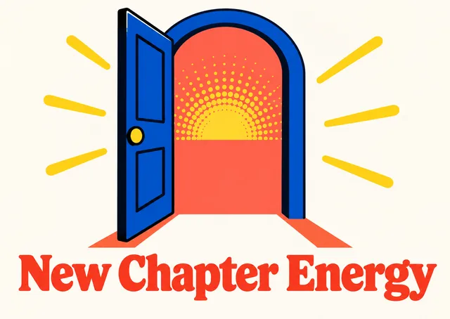 A bright, upbeat card for a friend starting something new, with a door opening onto a glowing sunrise.