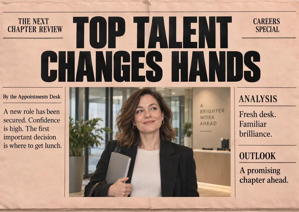 A funny new job card for an adult friend or colleague starting a fresh role. It shows them as the headline story of a mock business newspaper, so the news is celebrated with a grin.
