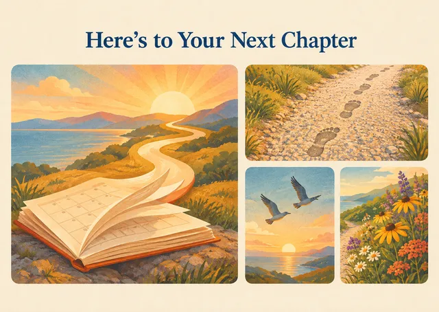 A warm card for new year, retirement, or new beginnings, with a hopeful path unfolding ahead for someone starting something new.