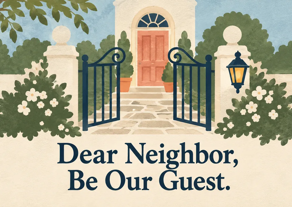 A charming, storybook invitation for a neighbor, with an open garden gate welcoming them in for a formal celebration.