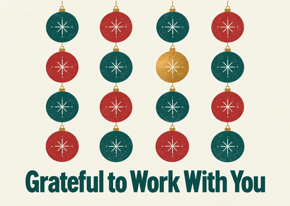 A warm Christmas card for a coworker on your mailing list, with a tidy grid of ornaments and one gold piece that says thank you.