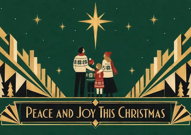 An elegant, festive card for your family's Christmas mailing list. Features a cozy, folk-art inspired scene of figures gathered beneath a single bright star.