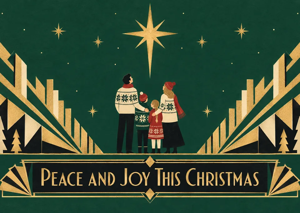An elegant, festive card for your family's Christmas mailing list. Features a cozy, folk-art inspired scene of figures gathered beneath a single bright star.