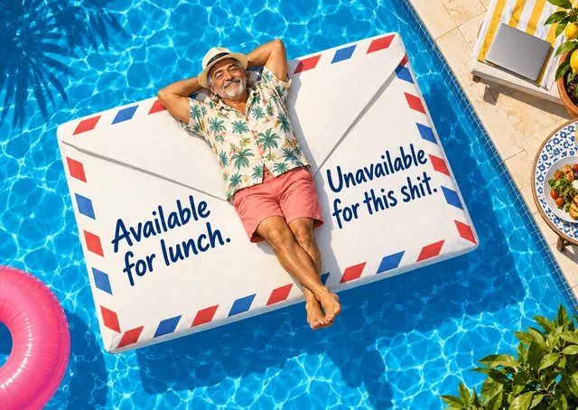 A cheeky retirement card for a friend or colleague who has finally finished work, with a relaxed poolside joke about being unavailable.
