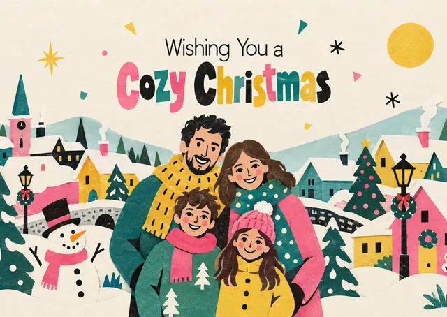 A magical and witty Christmas card for a family to send to friends and loved ones, featuring a charming layered paper-cut village scene.