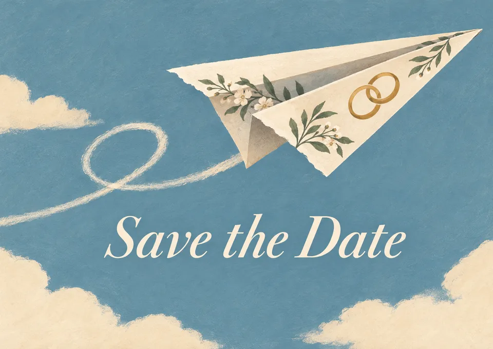A warm and heartfelt save-the-date announcement for siblings and loved ones, featuring a whimsical paper plane carrying the exciting news.