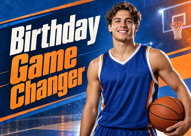 A celebratory birthday card for a friend or family member who loves sport, with a bold courtside player and room to add their name and photo. Ideal for a big game-day birthday.