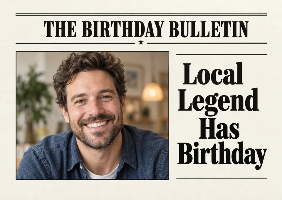 Una tarjeta de cumpleaños divertida para un amigo, una amiga o un familiar, con el estilo de la portada de un periódico, con una foto grande y un titular atrevido que lo celebra como la leyenda local del día.