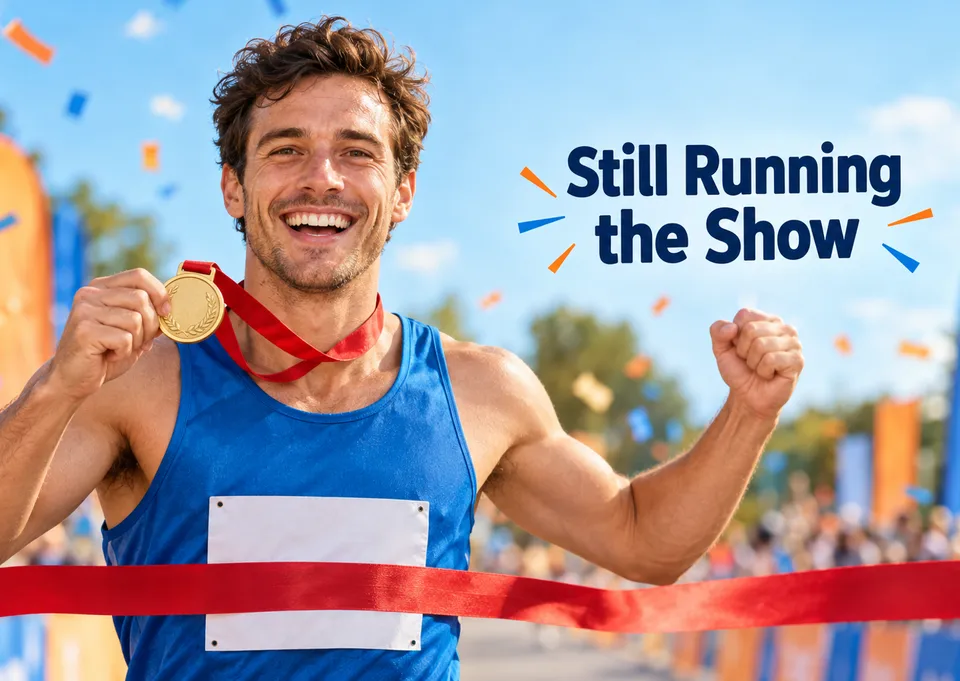 A celebratory birthday card for a friend or family member who loves running, with a finish-line photo moment and room for a personal joke. Ideal for a fun, personal hello.