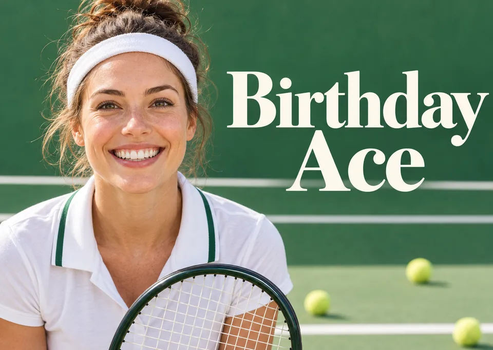 Eine festliche Geburtstagskarte für einen Freund oder ein Familienmitglied, das Sport liebt. Ein Tennisspieler ist bereit für das große Geburtstagsass. Ergänze Namen, Alter und Lieblingsplatzfarbe.