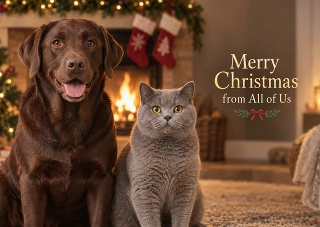 A pet Christmas card from the whole household: a dog and a cat side by side by the fire. Put your own pets in.