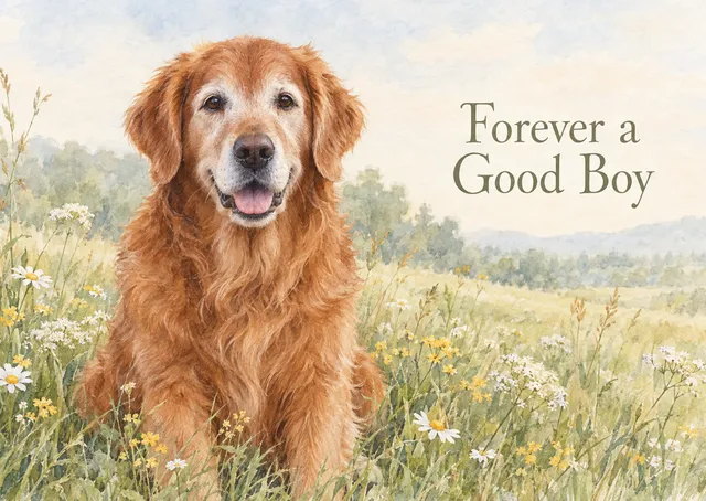 A gentle pet sympathy card for anyone who has lost a dear companion. A calm watercolour portrait of a golden retriever in a quiet meadow, with a loving farewell.