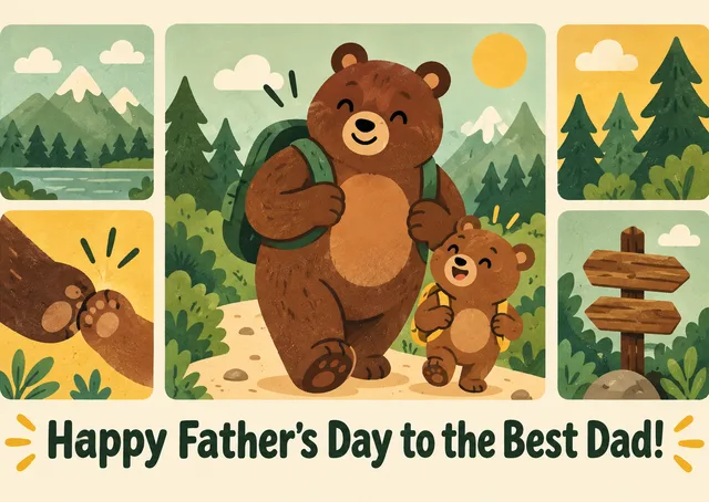 A cheerful Father’s Day card for your dad, featuring a kid’s playful bear duo. Sweet, warm, and full of best-dad energy.