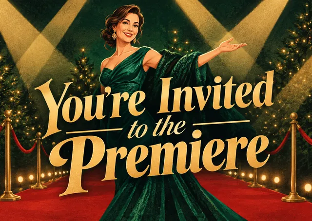 An elegant holiday party invitation styled as a blockbuster movie premiere. Perfect for a confident host, especially mom, to invite guests to a glamorous event.