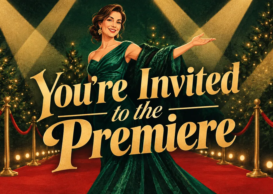 An elegant holiday party invitation styled as a blockbuster movie premiere. Perfect for a confident host, especially mom, to invite guests to a glamorous event.