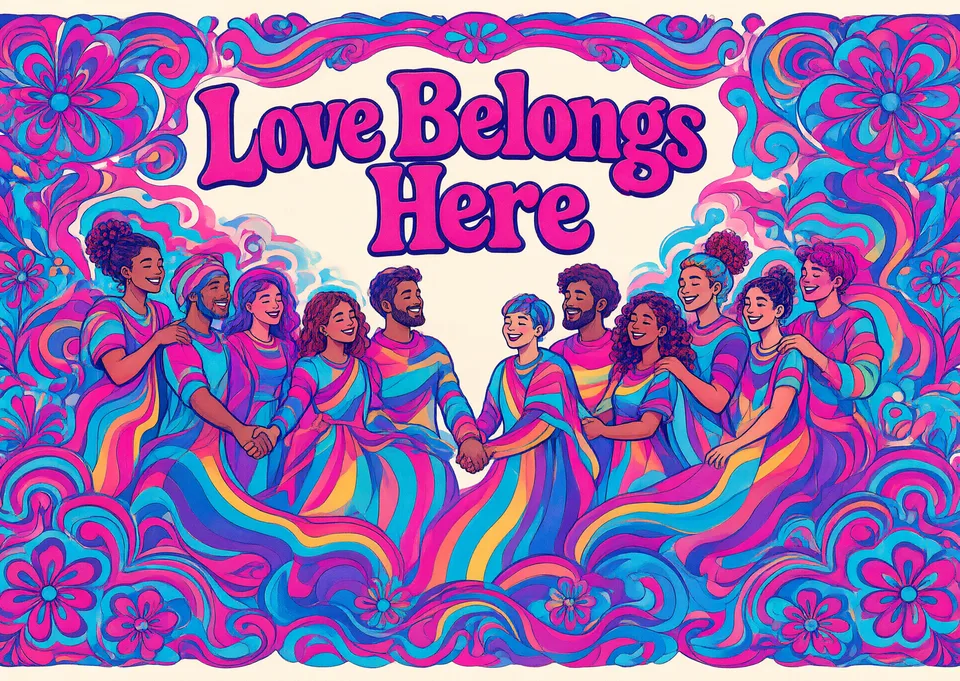An affirming and celebratory Pride card for anyone. Features a welcoming community scene with a recognizable Pride flag.