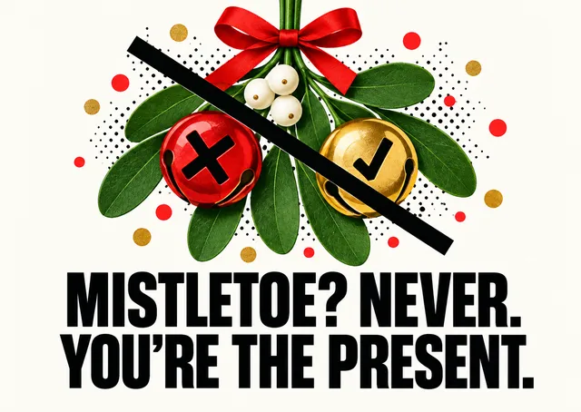 A funny, affectionate Christmas card for a best friend, with mistletoe and bells crossing out the kiss for something better: you.