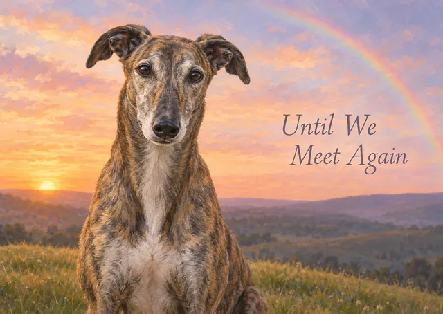 A gentle rainbow bridge card for someone saying goodbye to a beloved pet. A greyhound rests on a sunset hill, with a hopeful message of Until We Meet Again.