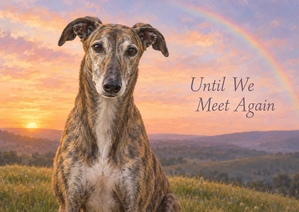 A gentle rainbow bridge card for someone saying goodbye to a beloved pet. A greyhound rests on a sunset hill, with a hopeful message of Until We Meet Again.