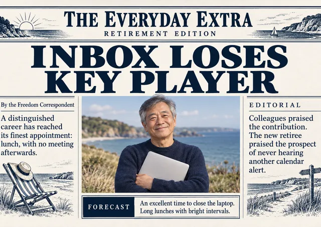 A funny retirement card for a friend or colleague starting their next chapter, with a mock newspaper front page announcing they have left work for good.