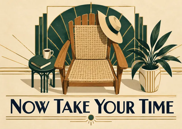 A warm retirement card celebrating earned free time, with a cozy chair, a sun hat, and nowhere to be.