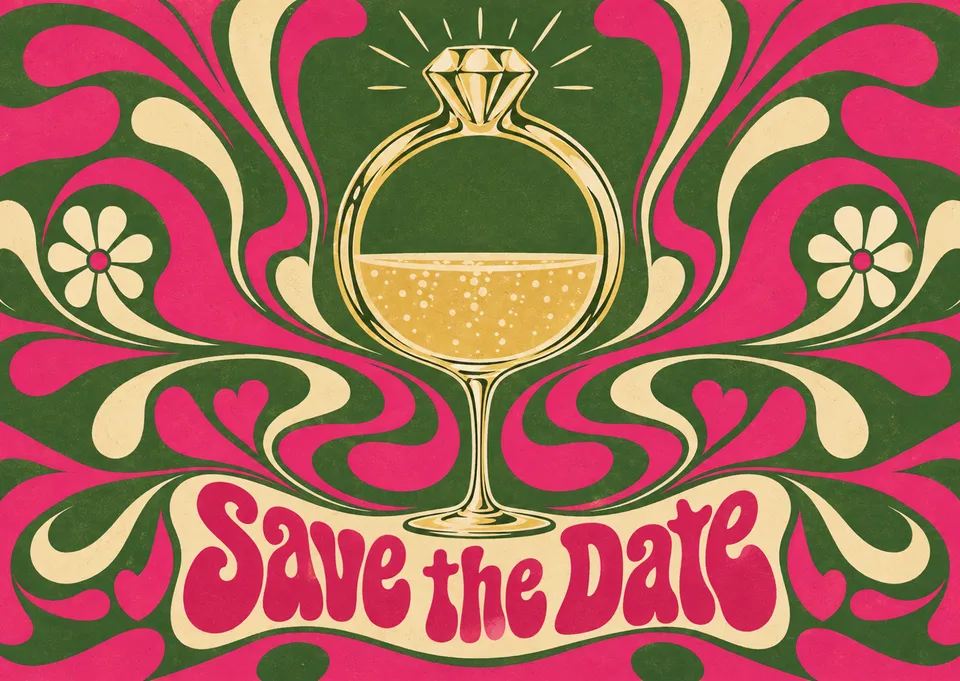 A witty and modern save the date announcement for a wedding, perfect for guests who appreciate a smart design-led visual joke.
