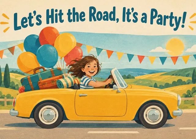 Una invitación cálida y sincera a una fiesta de cumpleaños infantil con temática de viaje por carretera. Ideal para quien la envíe para celebrar.