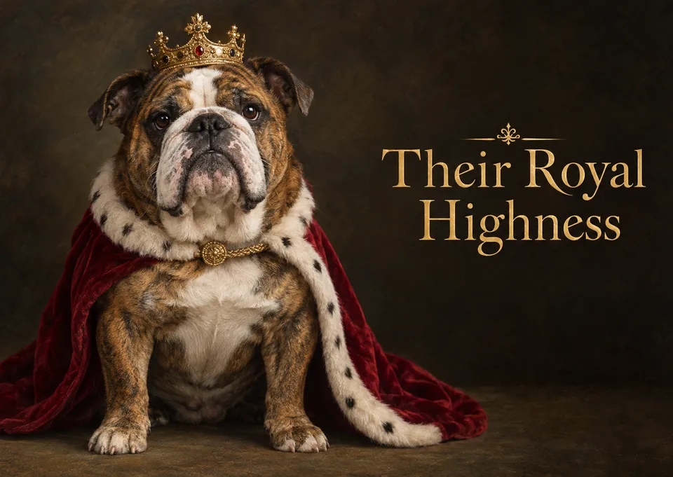 A funny, grand just because card for pet lovers, showing a brindle English bulldog in a velvet cape and gold crown. Perfect for a friend who treats their dog like royalty.