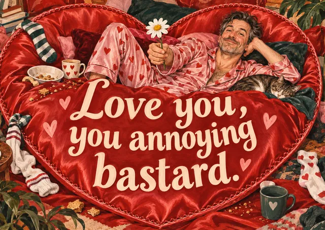 A cheeky anniversary card for a partner or close friend who loves rude banter. A grand satin heart, a messy domestic kingdom and a smug, adored face make it affectionate and very funny.