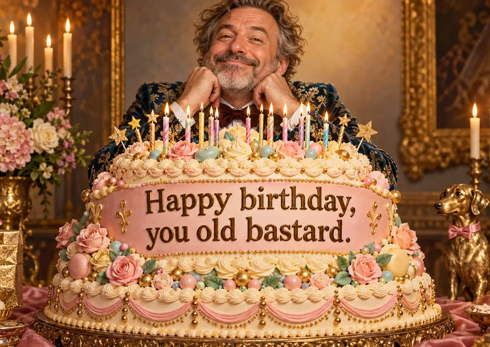Una tarjeta de cumpleaños pícara para un amigo adulto que se ha ganado unas cuantas bromas. Un gran retrato de pastel, divertido, con un insulto claro y familiar que hace que la broma funcione.