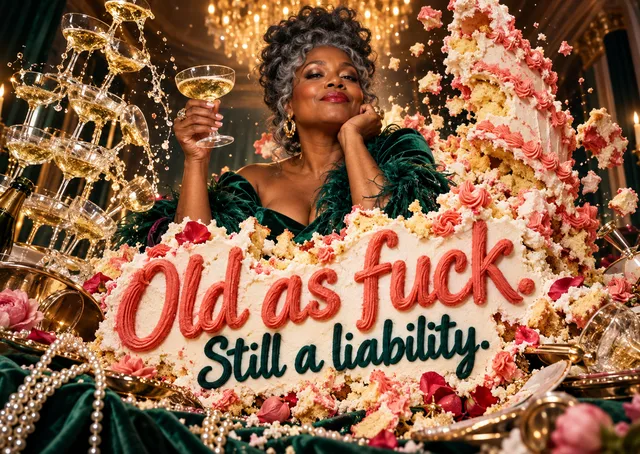 A brazenly rude birthday card for an adult friend or partner who enjoys swearing and banter. A proud, glamorous guest sits at the centre of a party disaster, so it lands as a good laugh.