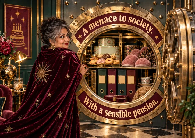A cheeky birthday card for an adult friend who is a bit of a menace. Its heist-style joke and sensible pension line make it a funny, grown-up pick.