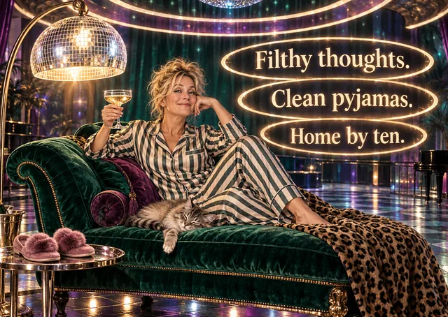 A cheeky birthday card for an adult friend who loves a quiet night in, with a glamorous wink and a good laugh.