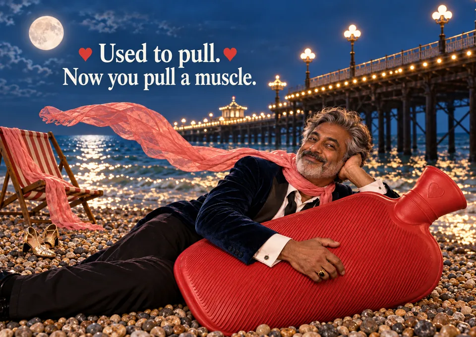 A cheeky birthday card for an adult friend who loves a joke about getting older. A dapper seaside guest courts a giant hot-water bottle under a moonlit pier.