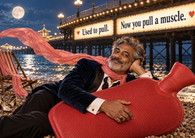 A cheeky birthday card for an adult friend who is getting on a bit, with a fully dressed rakish guest courting a giant hot-water bottle under a moonlit pier. Funny, cheeky and made for a laugh.