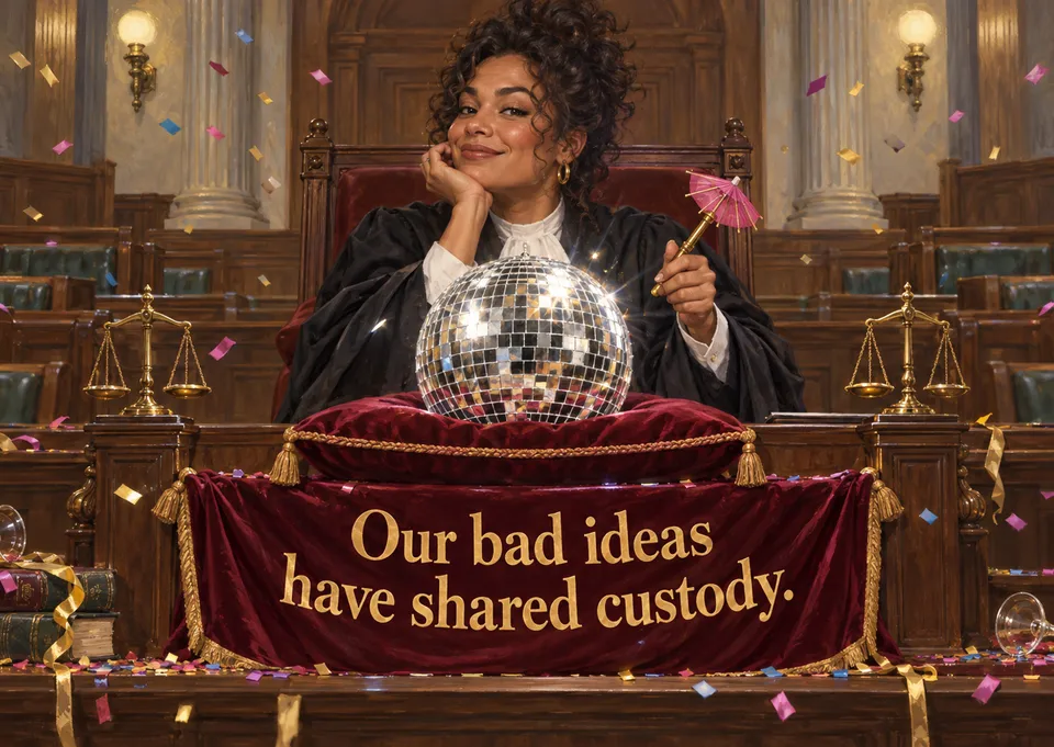 A funny friendship card for an adult friend who shares your bad ideas. A cheeky courtroom scene with a disco ball on a witness cushion makes it a laugh-out-loud pick.
